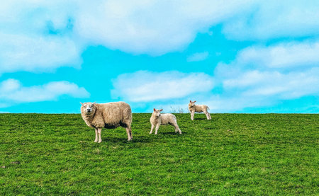 Sheep on a dike in Schiermonnikoog, The Netherlands.の写真素材