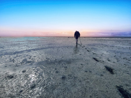 Walking on mud flats and tideway at low tide of Wadden Sea near Schiermonnikoog, Netherlandsの写真素材