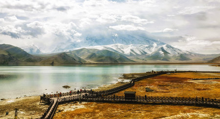 Located 3.500m above the sea level, along the road between Kashgar and Tashkurgan, the Kala Kule Lake offers some amazing sights and colors, Xinjiang, China.の写真素材