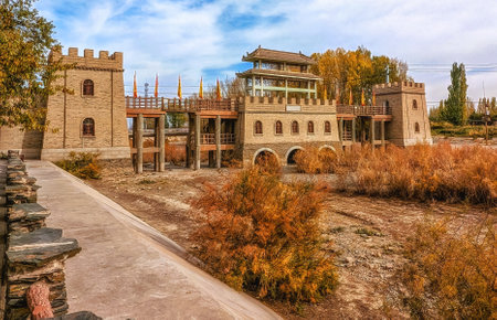 The walls and houses of the Great Wall Jiayuguan Pass in China have remained majestic for more than 2,000 years in Jiayuguan City, Gansu Province, China.の写真素材