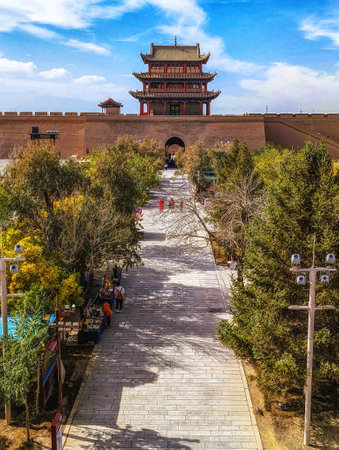 The Gate Tower of Jiayu Pass, Jiayu Pass is located in the west end of the Ming dynasty Great Wall,near the city of Jiayuguan in Gansu province, Chiina.の写真素材