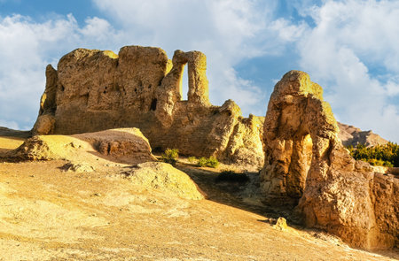 Ruins of Ancient City of Jiaohe( Jiaohe Gucheng), Turpan, Xinjiang Uyghur Autonomous Region, China.の写真素材