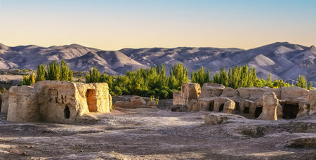 Ruins of Ancient City of Jiaohe( Jiaohe Gucheng), Turpan, Xinjiang Uyghur Autonomous Region, China.の写真素材