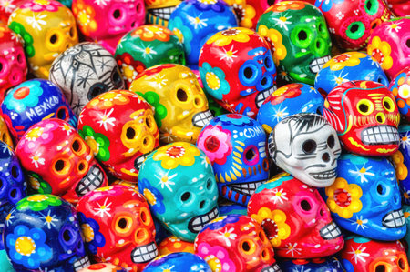 colorful Mexican (Mayan) ceramic skulls from Mexicoの写真素材