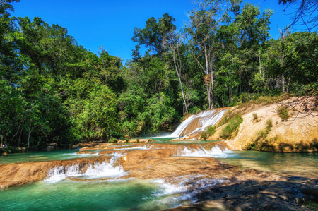 Blue waterfalls of Agua Azul in Chiapas, Mexico. A place where many cataracts create many small sets of waterfalls.の写真素材