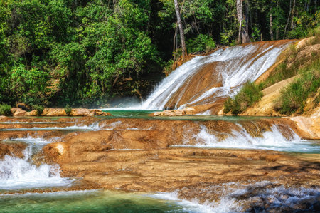 Blue waterfalls of Agua Azul in Chiapas, Mexico. A place where many cataracts create many small sets of waterfalls.の写真素材