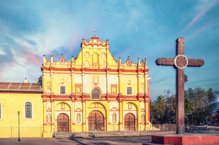 facade of the Cathedral of San Cristobal de las Casas in colorful mexican colonial style, Mexico.の写真素材