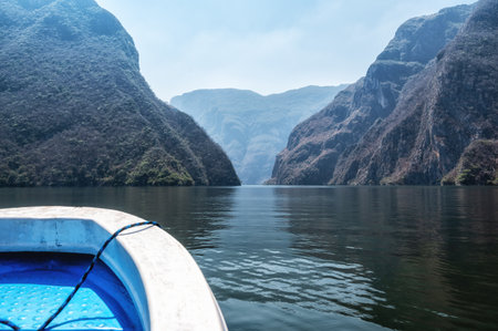 Point of view shot of boat sailing on the river in Sumidero canyon in Chiapas, Mexico.の写真素材