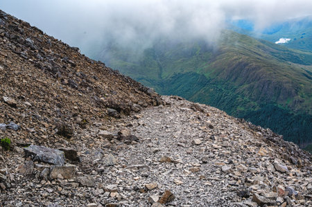 Stony walking hiking trail path on the tourist route up to Ben Nevis, the highest mountain in Great...