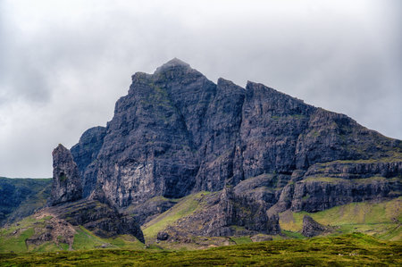 Basalt rock formations and landslip cliffs of Trotternish ridge of the Isle of Skye in Scotland, UK.