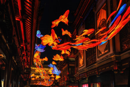 Lantern Festival in the Chinese New Year ,beautiful lamps on traditional buildings, Yu Yuan Gardens night view. Shanghai, Chinaの写真素材