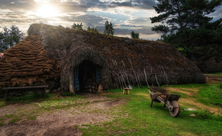 Newtonmore, Scotland - 23 July 2025: Thatched Roof Dwelling at the Highland Fold Museum, Scotland UKの写真素材