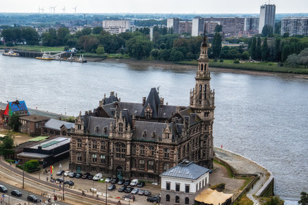 Antwerp, Flanders, Belgium - August 2024: Loodsgebouw, Pilotage Building on the Scheldt River, Antwerp, Belgiumの写真素材