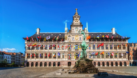 City Hall and Brabo Fountain in the Grote Markt (Main Square) of Antwerp, Belgiumの写真素材