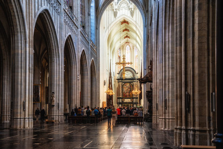 Antwerp, Belgium - 25 August 2024:View down the nave of the Onze Lieve Vrouwekathedraal (Cathedral...