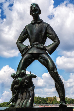 Statue of Lange Wapper in Antwerpen. Lange Wapper is a legend about a giant who provokes people, children, and fictional characters.の写真素材