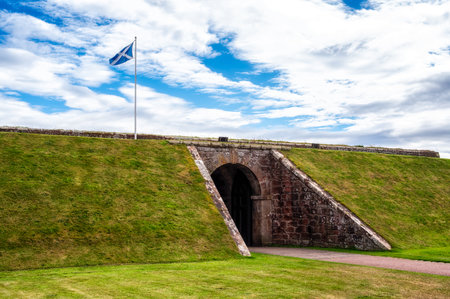 Scottish Flag Flying at Fort George near inveness, Highlands, Scotland UKの写真素材