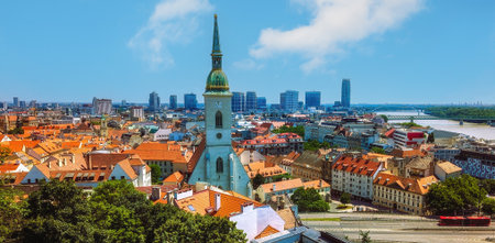 Slovakia, Bratislava, view over the city from Bratislava Castle tower