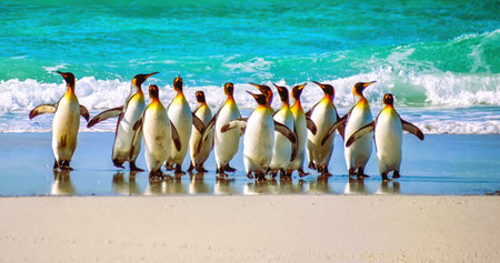King Penguins Walking on Beach. Falkland Islands Volunteer Point Colony.の写真素材