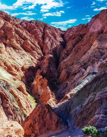 Argentina, Jujuy Province, Purmamarca, Elevated view of the Hill of Seven Colours(Cerro de los Siete...