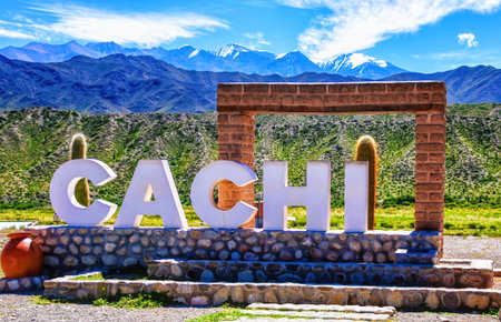 The sign by the entrance to the town of Cachi in the Calchaqui Valleys of Argentina. South Americaの写真素材
