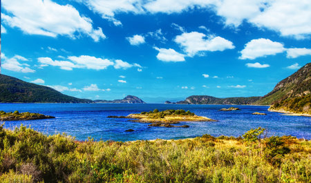 View of Lapataia Bay to Beagle Channel, Terra del Fuego National Park near Ushuaia, Patagonia, Argentina, South Americaの写真素材