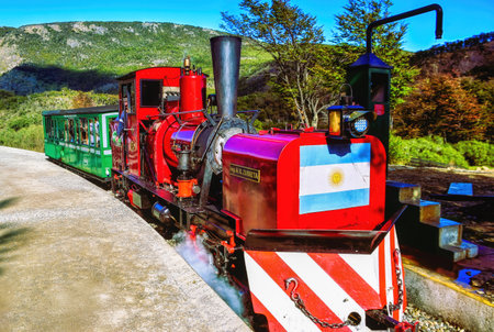 Ushuaia,. South Argentina - 20 March 2025: Tourist steam train in National Park Tierra del Fuego, Argentinaの写真素材
