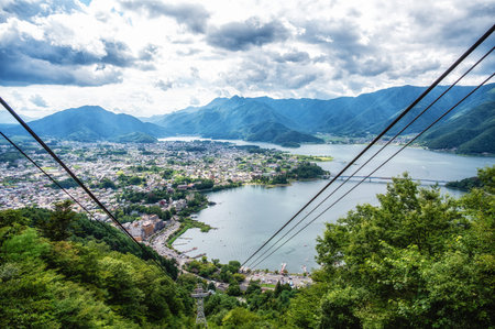 View of the lake Kawaguchi in Fujikawaguchiko in Yamanashi Prefecture near Mount Fuji, Japanの写真素材