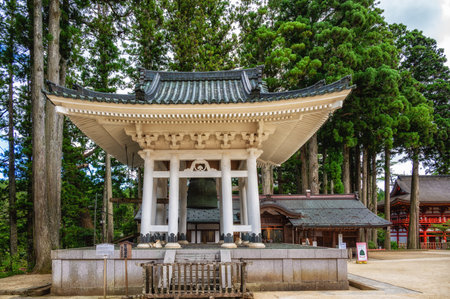 Bell tower at Danjo Garan in Kongobuji Temple complex on Koyasan, or Mount Koya, Wakayama, Japan.の写真素材