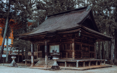 View of the Danjo Garan Sacred Temple Complex, with the Daiedo, in Mount Koya (Koyasan), Japanの写真素材