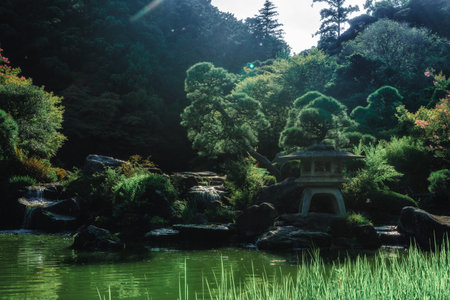Garden, waterfall and Lantern at Narita-san Buddhist Temple.の写真素材