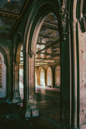 Bethesda Terrace Arcade during with illuminated tile ceiling (Minton Tiles). Central Park, New York...