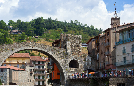 Stone bridge on Camprodon town called Small Gerona, Spainのeditorial素材