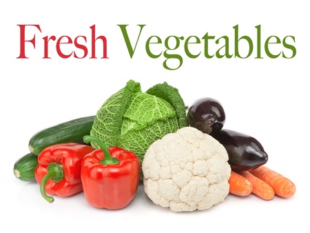 Raw vegetable collection. Sweet Pepper, fresh cabbage, carrot and zucchini, tasty aubergine. Isolated on a white backgroundの写真素材