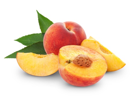fresh peach fruits and half. Isolated on white backgroundの写真素材