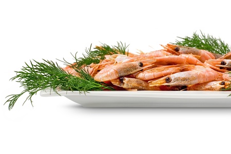 Boiled shrimp in a white plateの写真素材