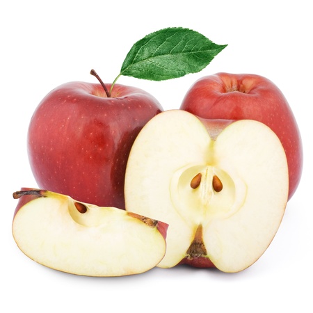 Two red apples and half. Isolated on a white background.の写真素材