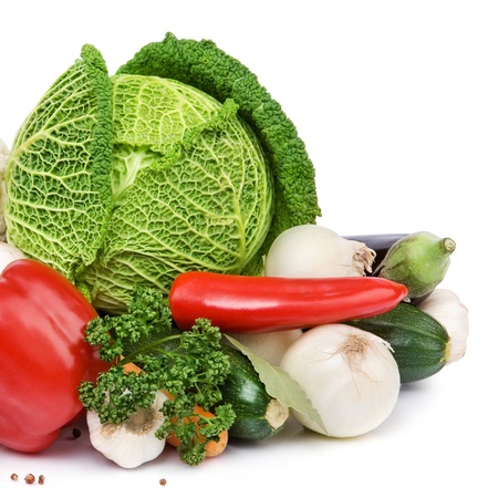 Vegetarian food with pepper, cabbage, garlic, tomatoes, zucchiniの写真素材