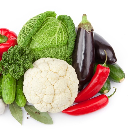 Vegetarian food with pepper, cabbage, aubergine, zucchini, cucumberの写真素材