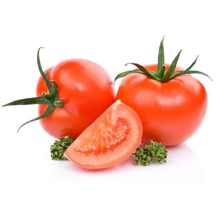 two fresh red tomato with cut isolated on whiteの写真素材