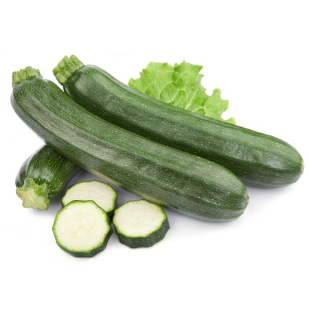 zucchini courgette decorated with green leaf lettuce. Isolated on whiteの写真素材