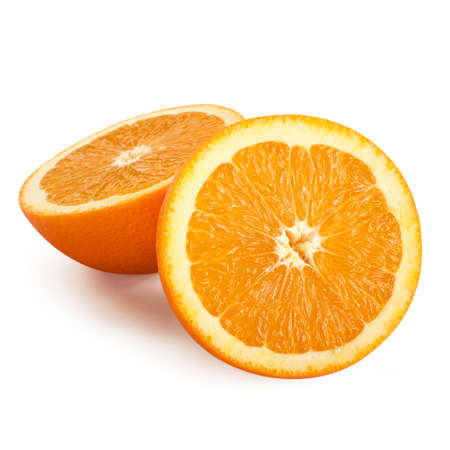 Two halves of orange on white backgroundの写真素材