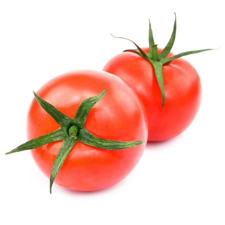 two fresh red tomato isolated on whiteの写真素材