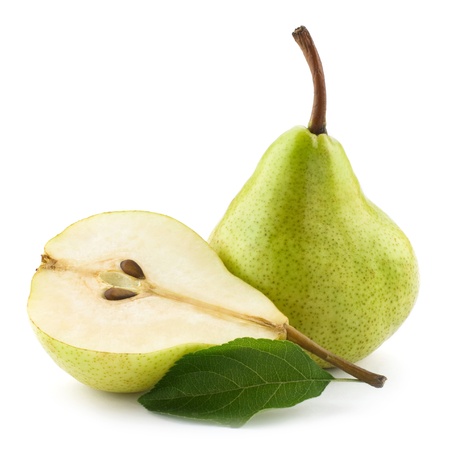 ripe pears half isolated on white backgroundの写真素材