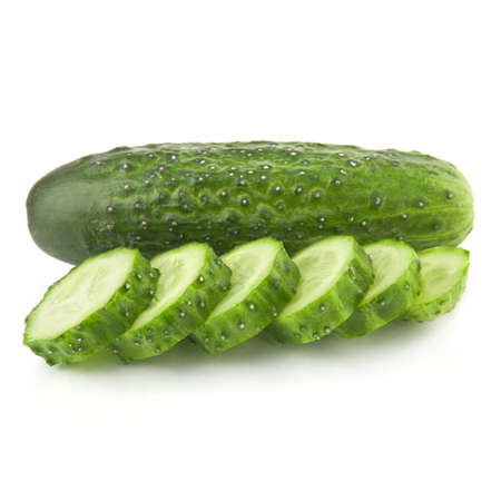 Cucumber and slices isolated over white backgroundの写真素材