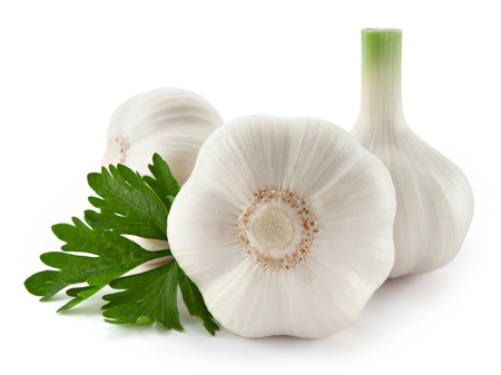 garlic decorated parsley leaves isolated on white background
の写真素材