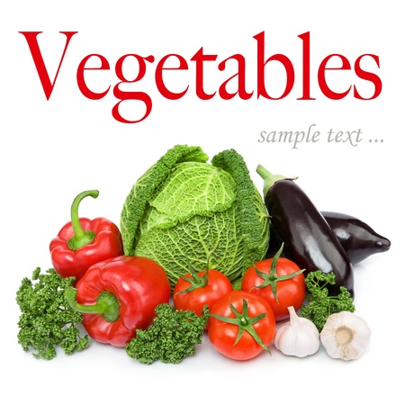 Composition with variety of fresh organic vegetables. Isolated over white backgroundの写真素材