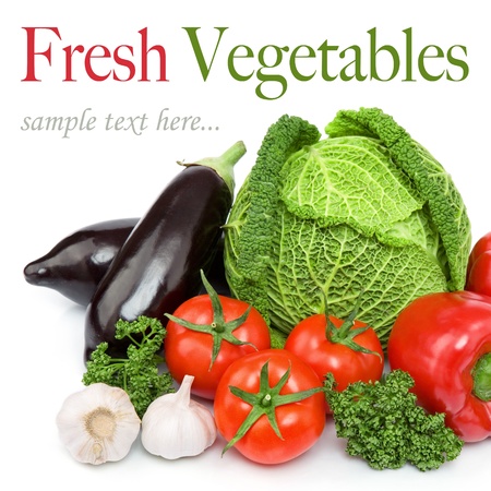 Fresh vegetables, pepper, cabbage, garlic, mushrooms, aubergine, parsleyの写真素材