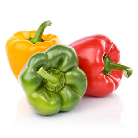 three fresh sweet pepper isolated on white backgroundの写真素材