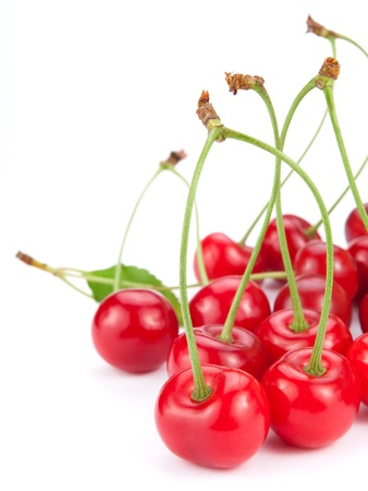 ripe cherries isolated on white backgroundの写真素材